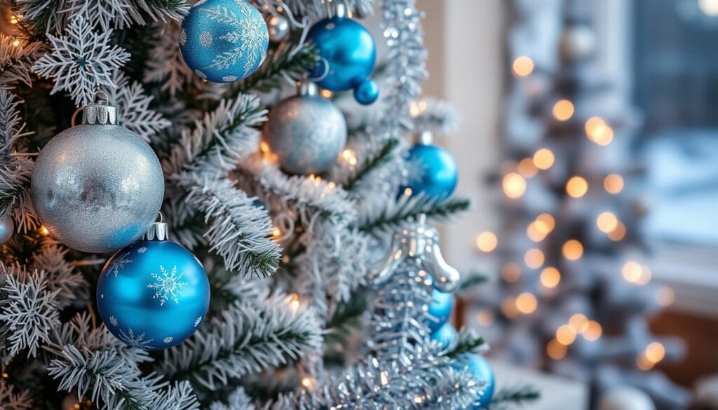 blue and silver Christmas tree decorations