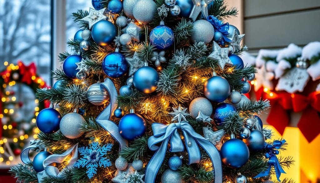 blue and silver Christmas tree decorations