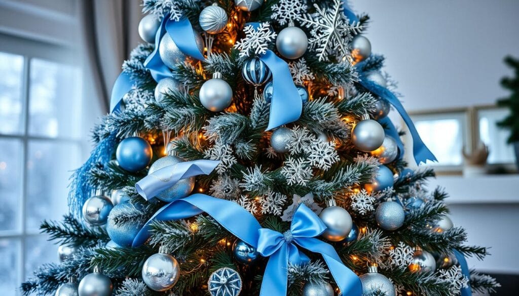 blue and silver tree decorations