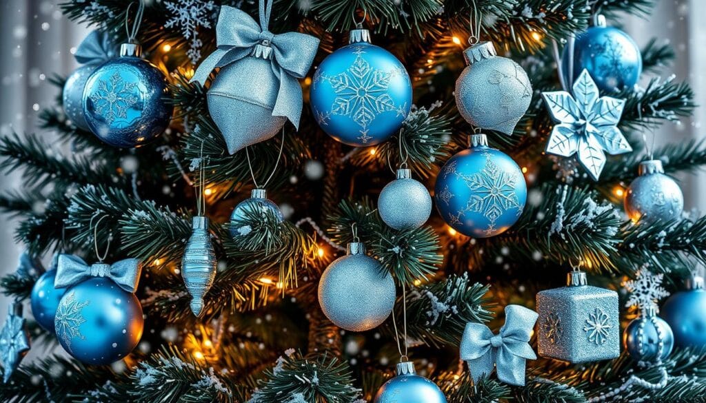 blue and silver tree decorations
