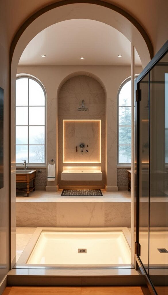 Arched bathroom design with luxury shower niche