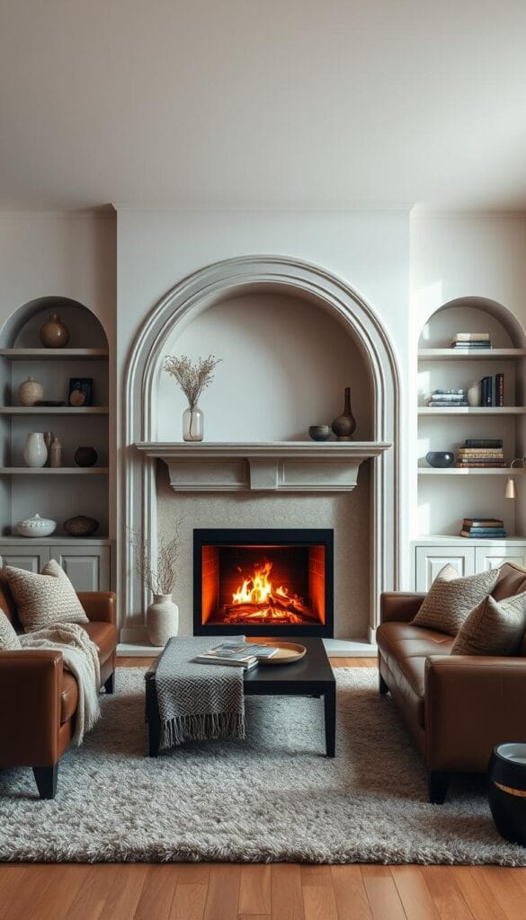 Arched fireplace in a living room with stylish arch home accents
