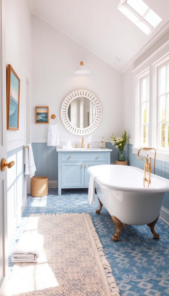 Coastal-themed bathroom with blue and white decor