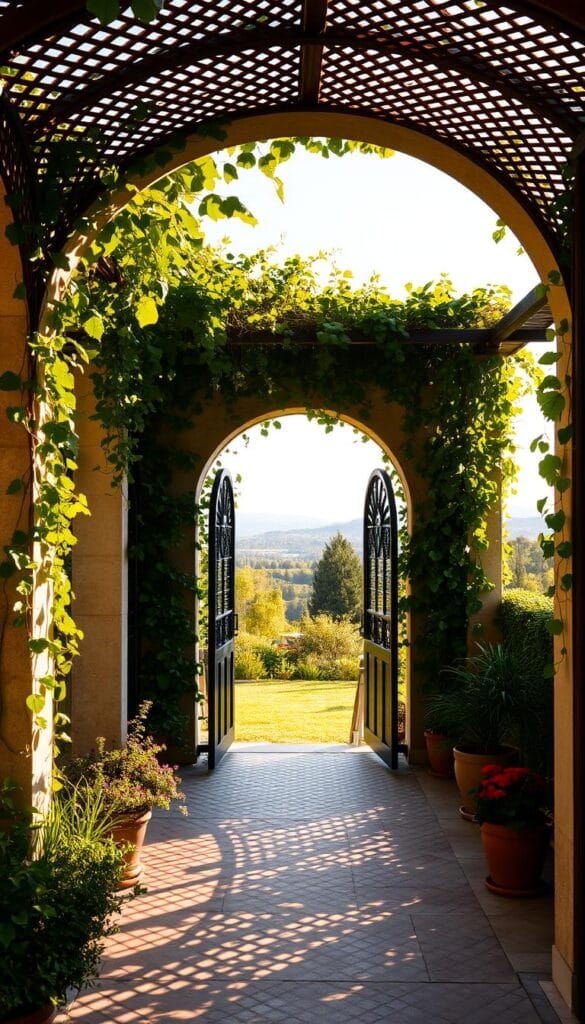 Outdoor arched pergola with climbing plants