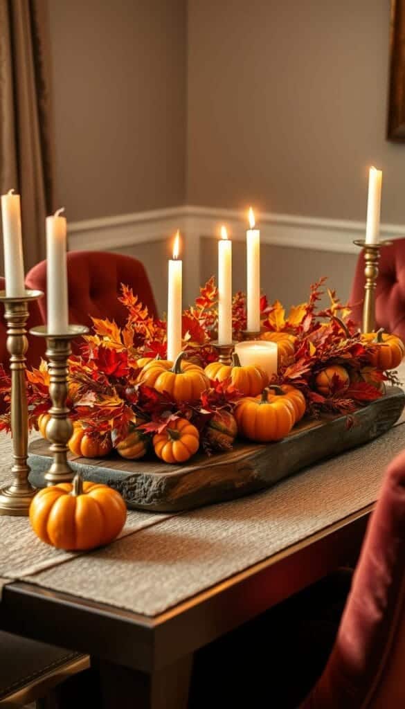 Seasonal dinner decor ideas with autumn leaves and pumpkins