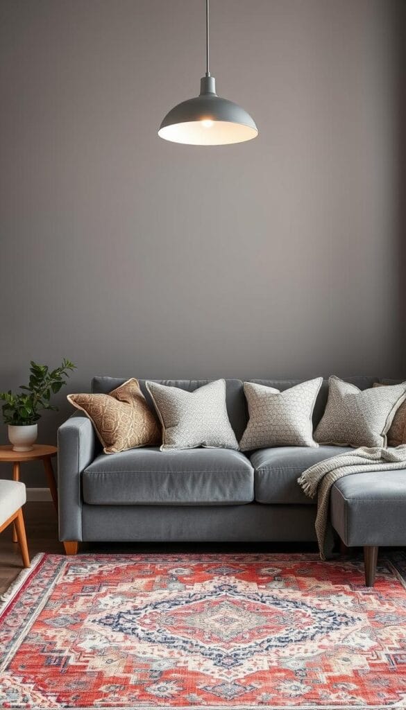 Textile layering with grey walls