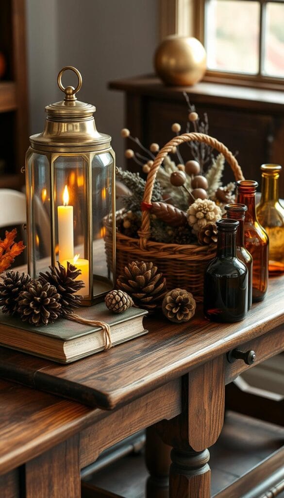 Vintage rustic fall decor items arranged on a wooden table