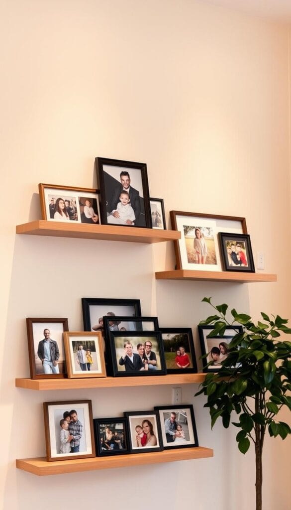 creative family picture display on floating shelves