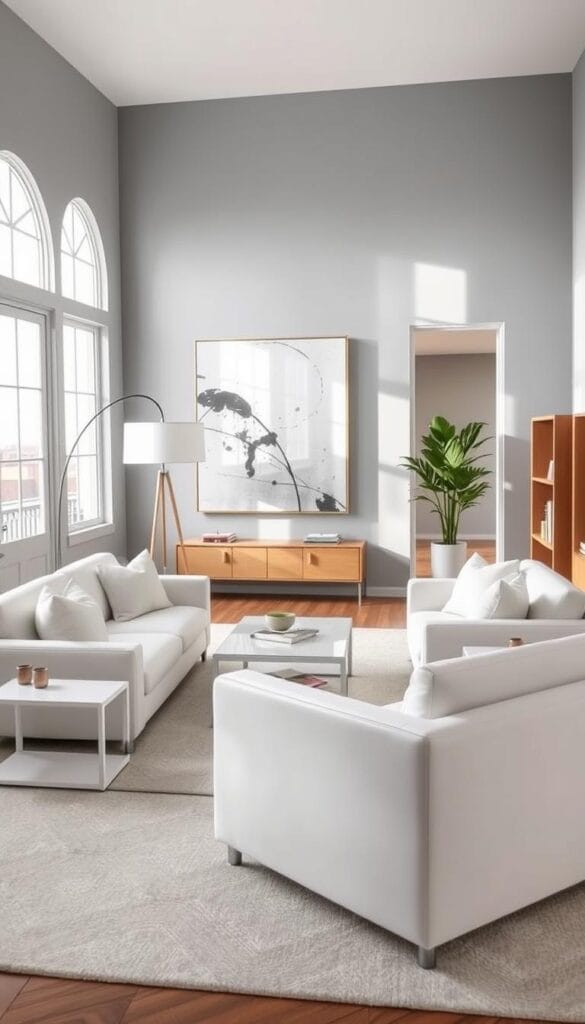 elegant home decor with grey walls using white furniture