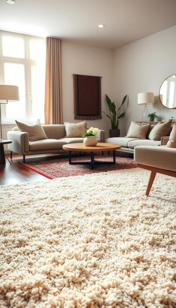 modern apartment decorating with layered rugs