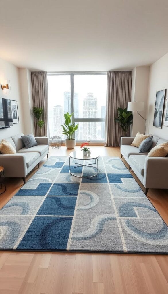 modern area rug with blue and gray accents in condo living room ideas