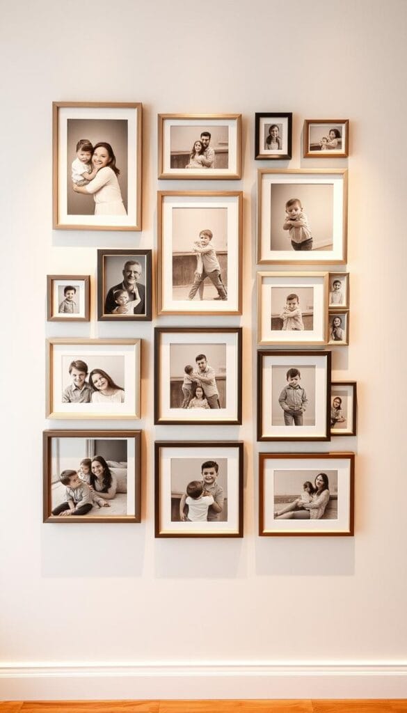 modern family photo display ideas with mixed formats and sizes