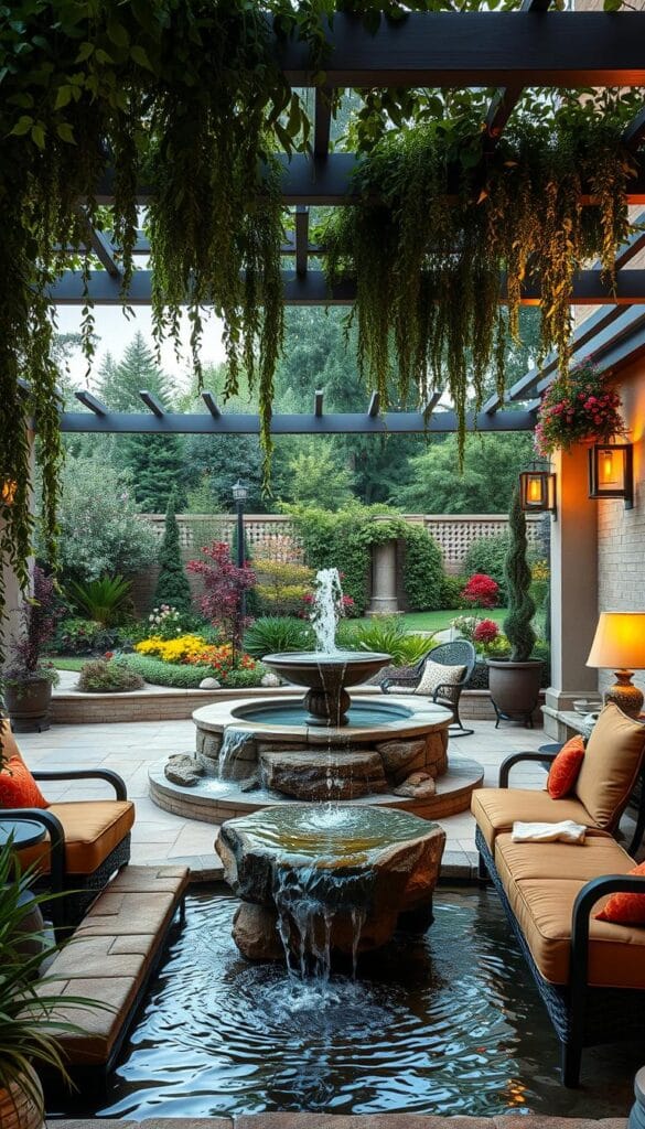 outdoor patio decor with water feature