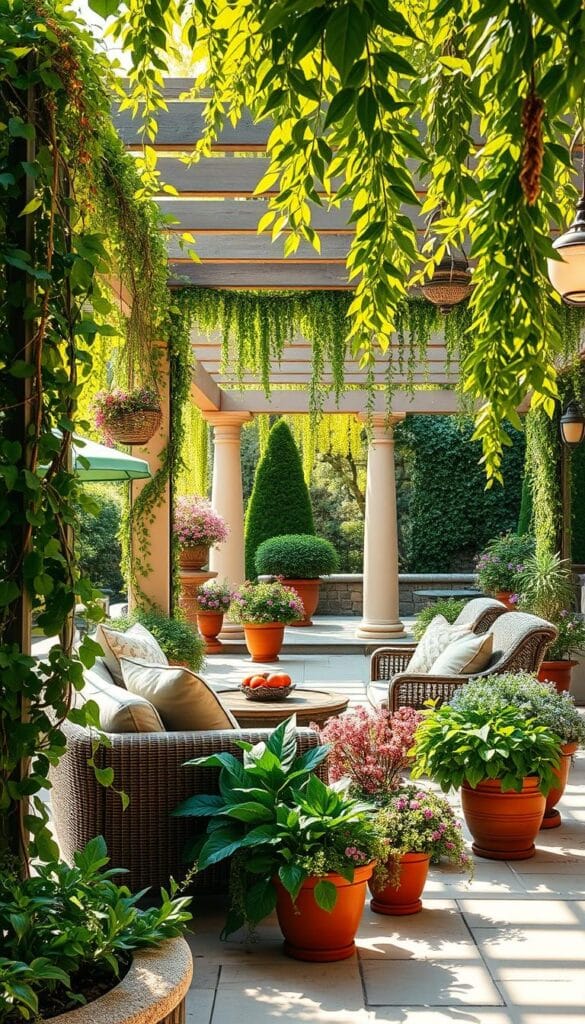 patio with greenery
