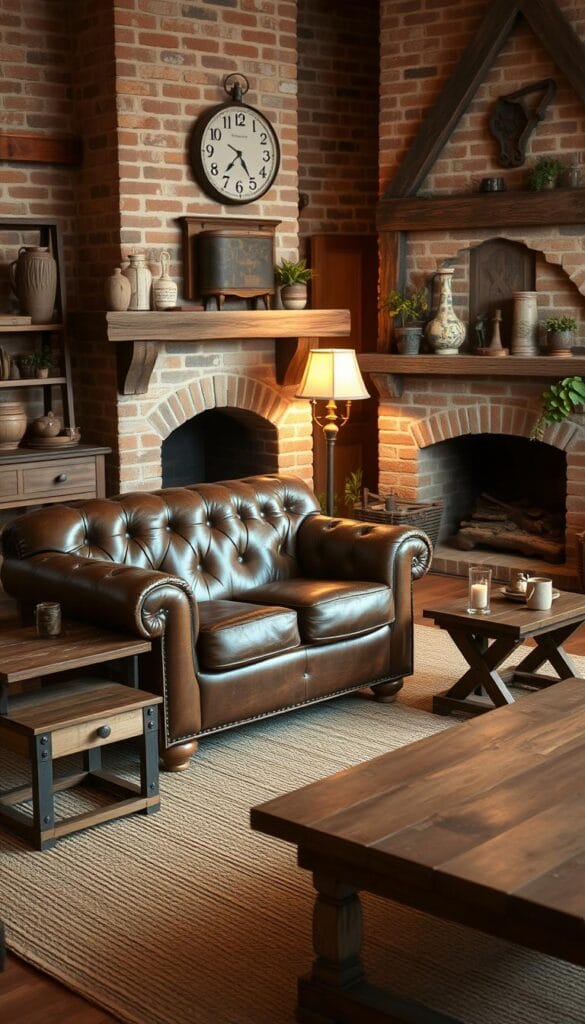 vintage farmhouse living room decor with reclaimed wood and metal accents