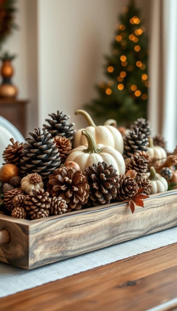 Chic fall home trends with pinecones and gourds in a rustic centerpiece