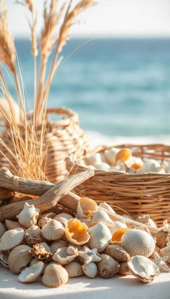 Coastal decor elements like seashells and driftwood