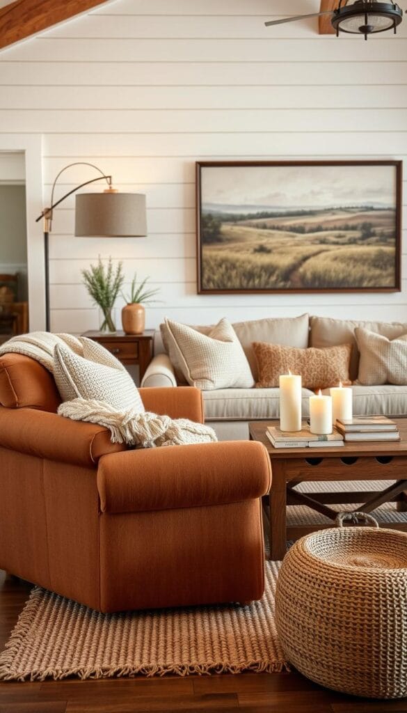 Cozy farmhouse textiles in a rustic living room