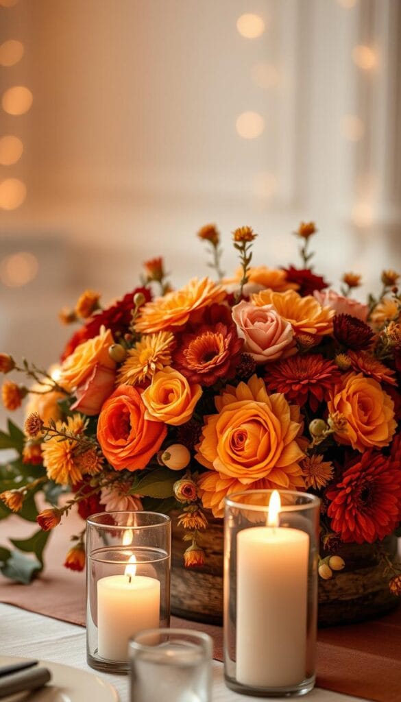 Creative centerpieces with seasonal flowers and candles