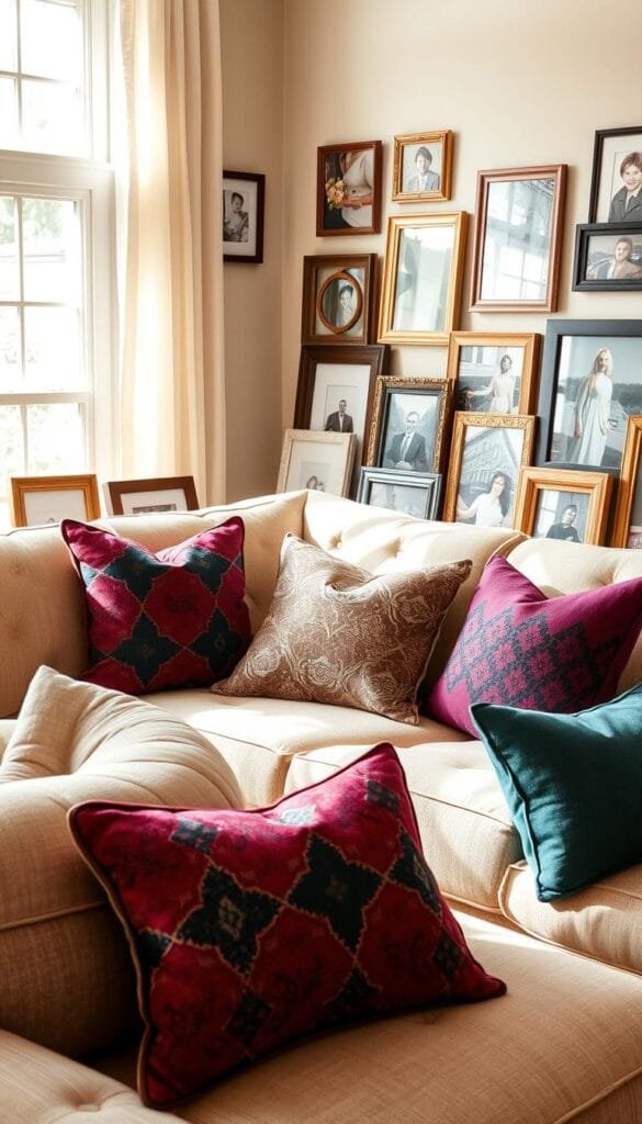 Custom photo frames and colorful throw pillows on a living room sofa