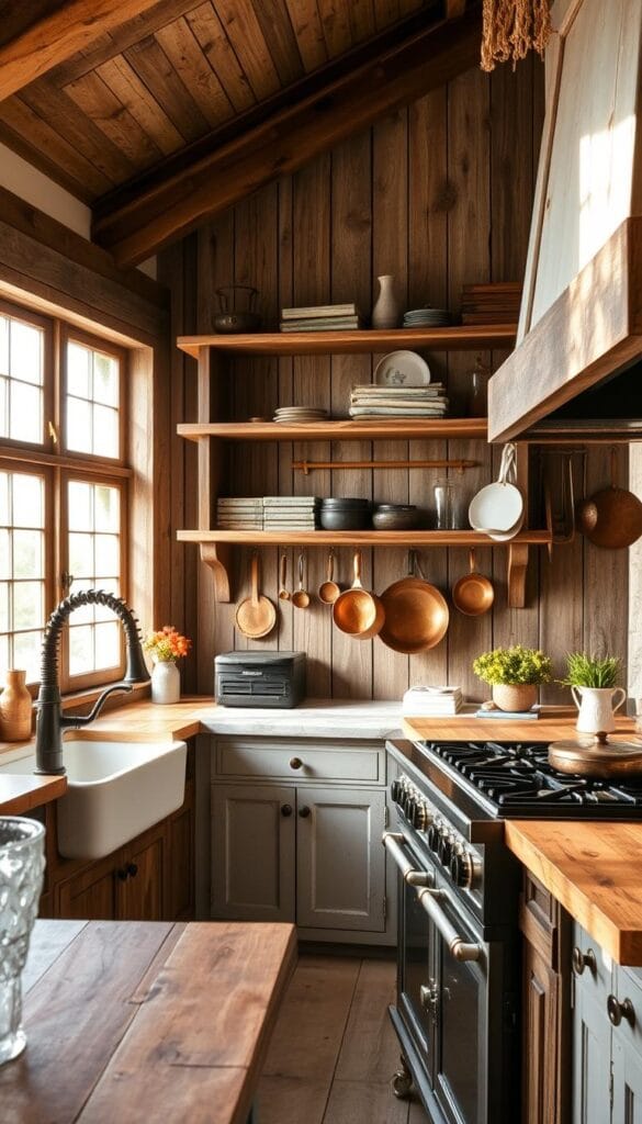 Farmhouse kitchen with open shelves and a rustic sink