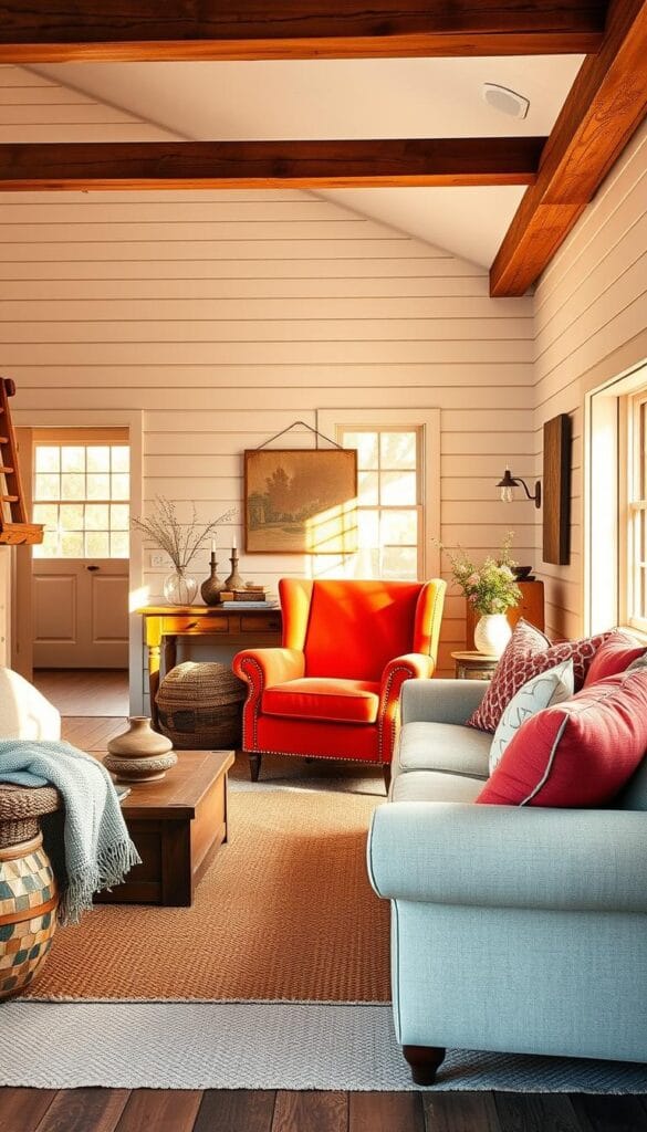 Farmhouse living room with bold color accents