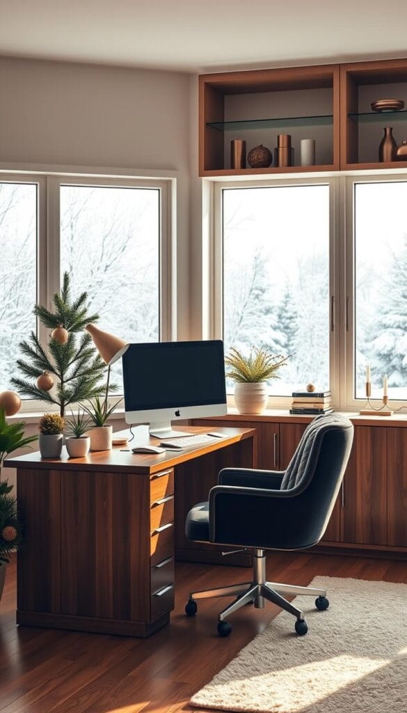 Stylish home office with new year decorating trends