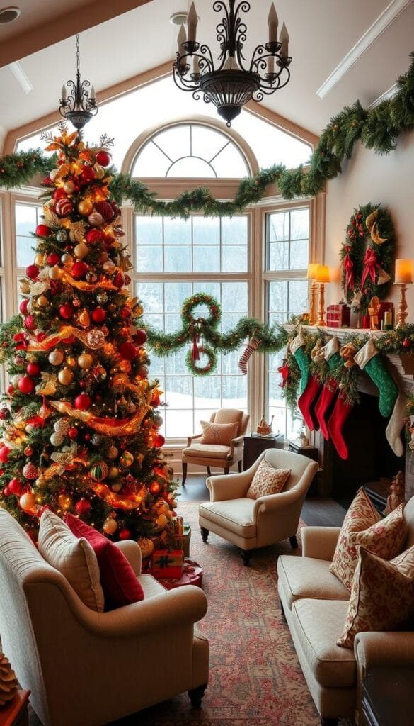 Traditional Christmas decorations with vintage ornaments and classic colors