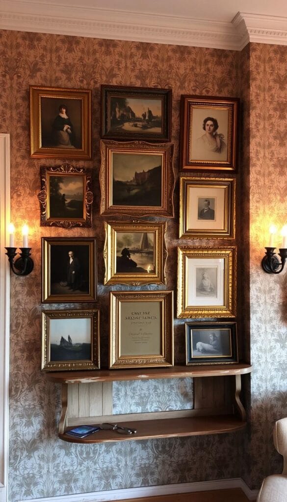 antique gallery wall with mixed frames and vintage art