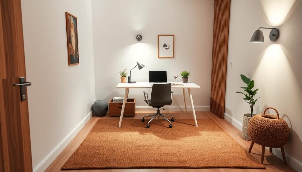 compact home office design with area rug