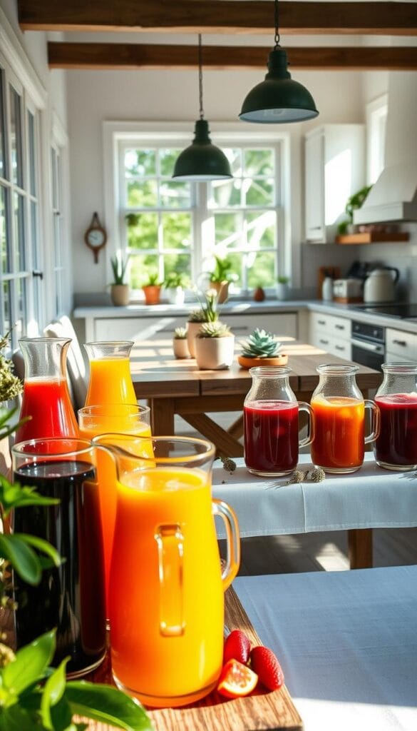 easy brunch decor at home drink station with colorful carafes and fresh fruit