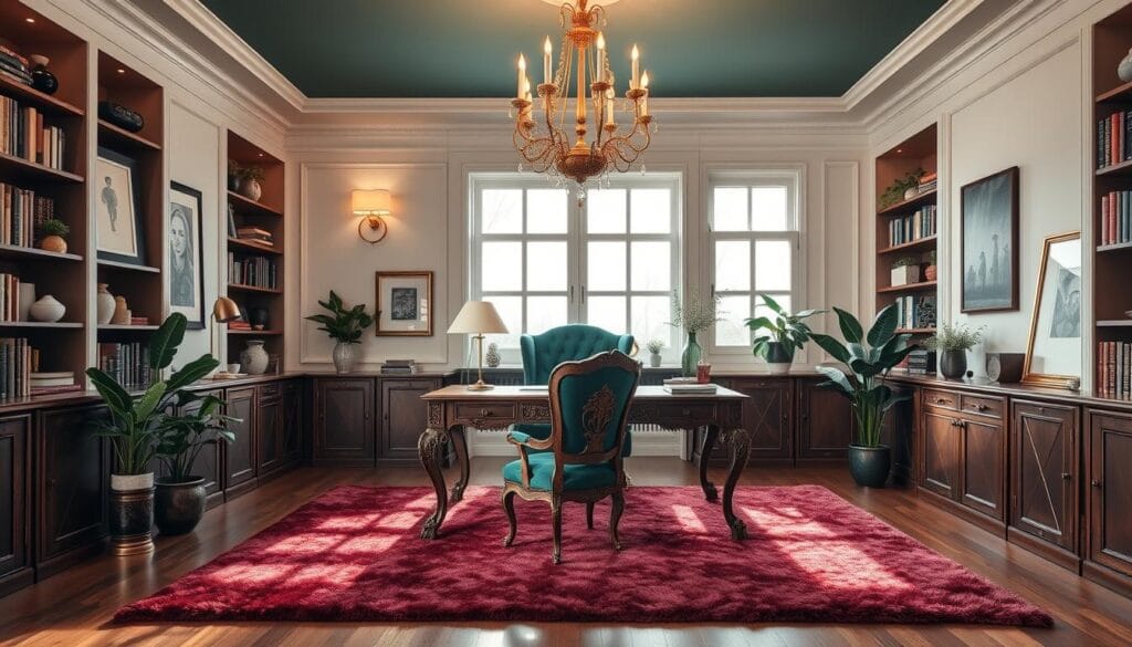 elegant home office decor with velvet accents