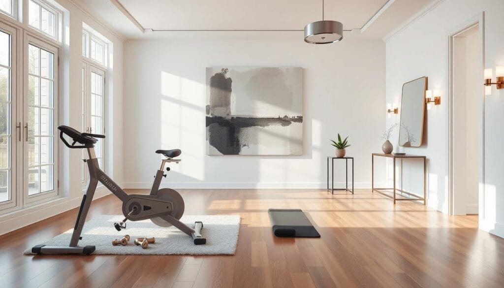 exercise room styling with wall art