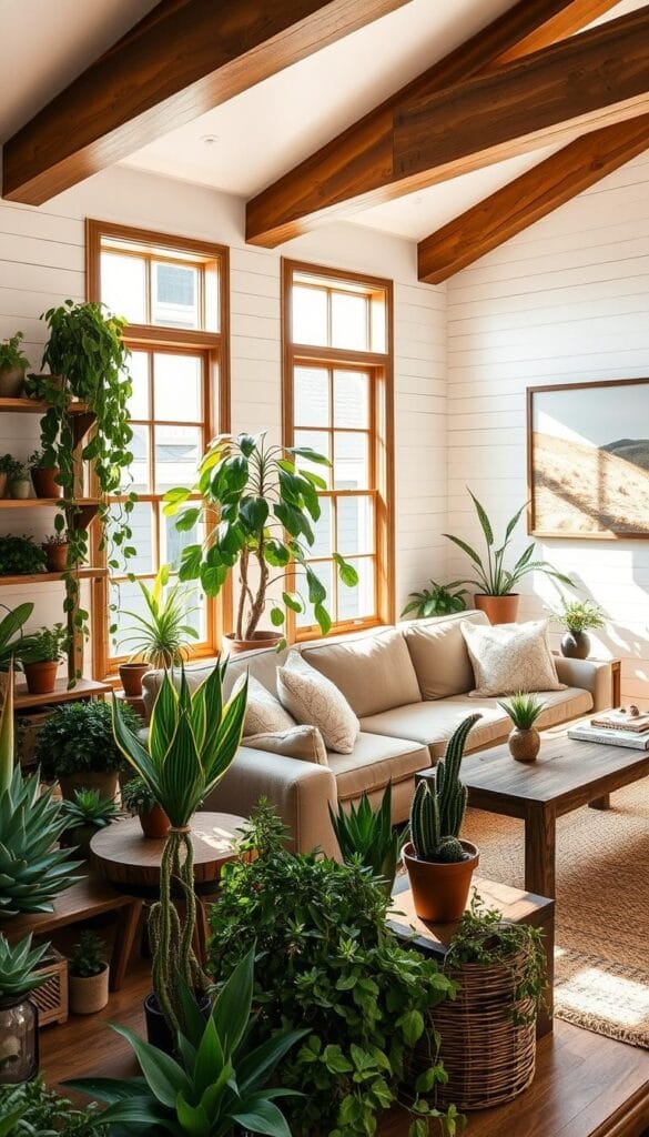 farmhouse-inspired living room plants