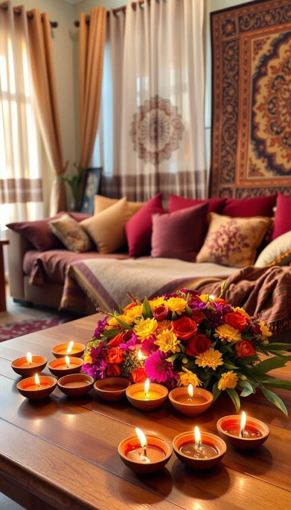 festive home decoration with diyas and flowers