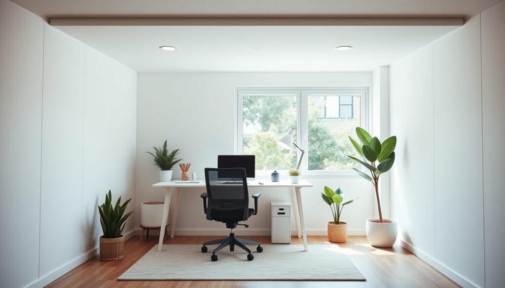functional small home office layout with sound-absorbing materials