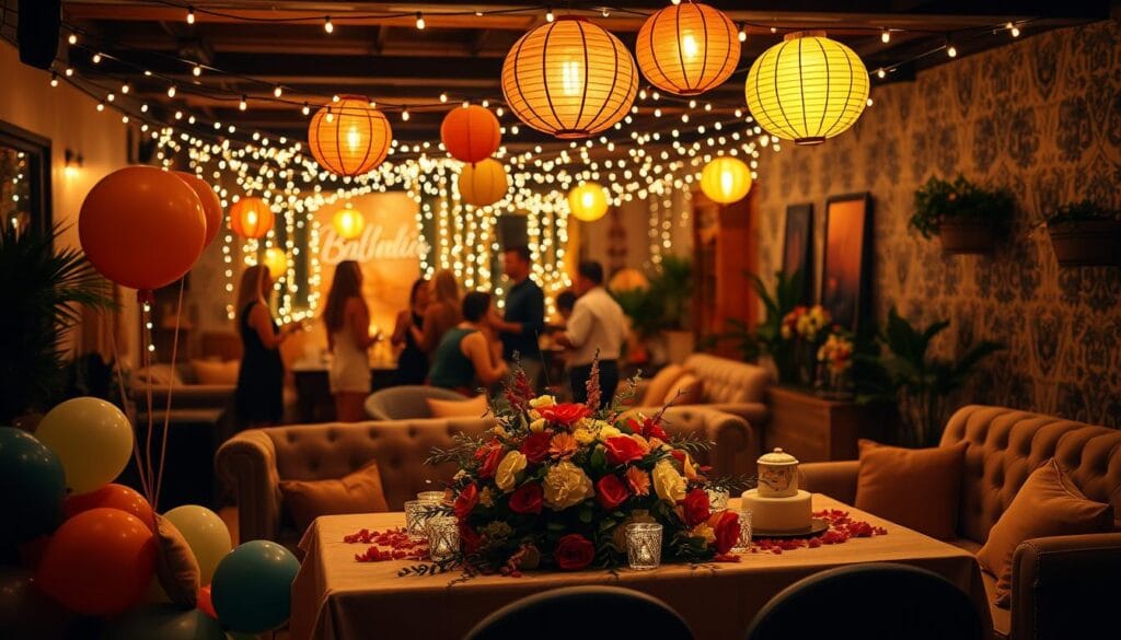 indoor birthday party decor with string lights