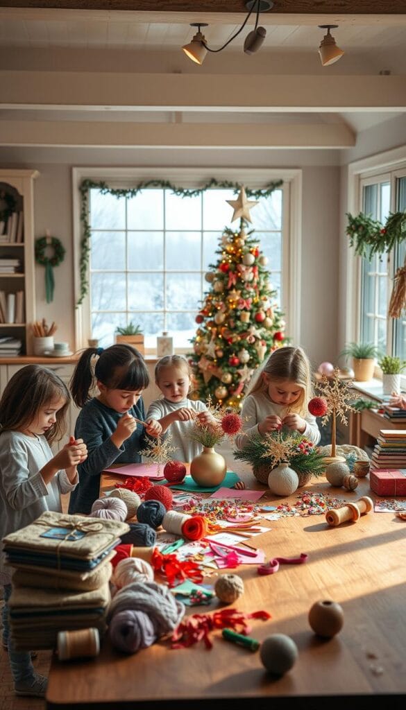 kids creating elegant holiday home decor crafts
