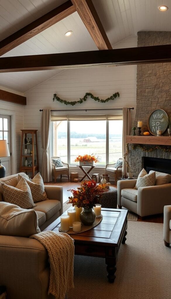 modern farmhouse living room seasonal decor