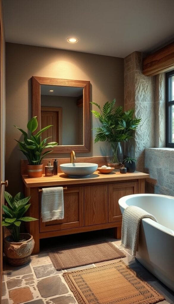 natural wood and stone bathroom decor