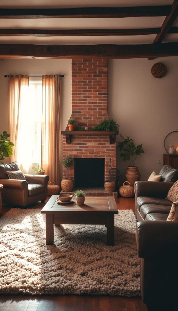 rustic living room decor ideas with sunlight streaming through sheer curtains