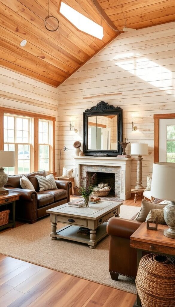 shiplap walls in farmhouse-inspired living room