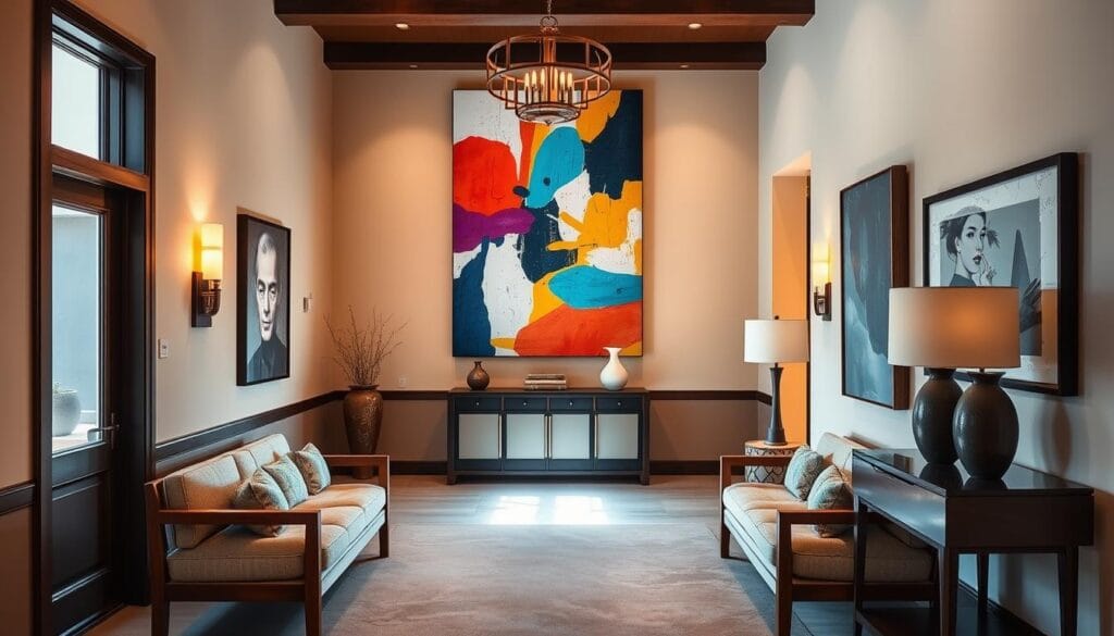 stylish entrance decor with customized artwork