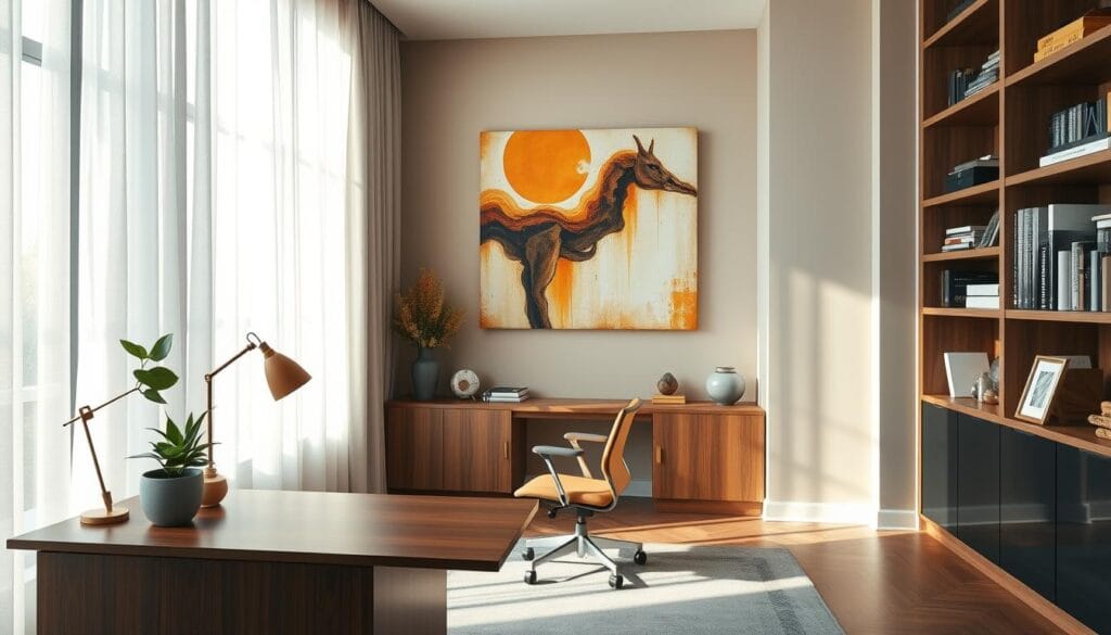 stylish home office decor with unique artwork