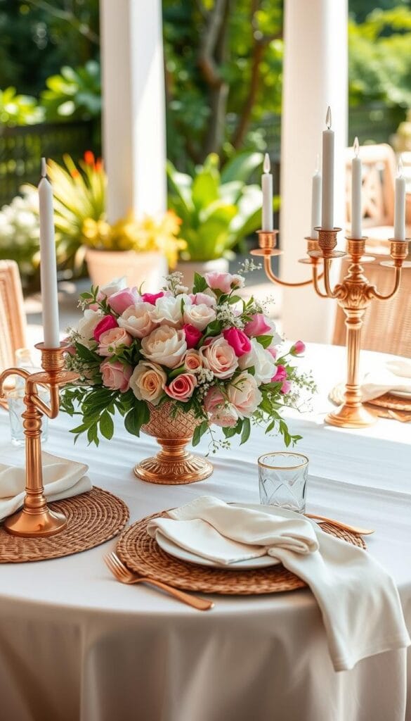 summer dining table decor with copper accents and floral centerpieces