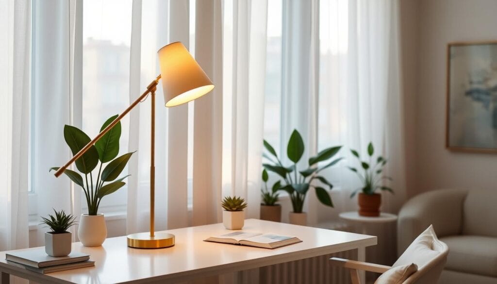 trendy home office decor with stylish desk lamp