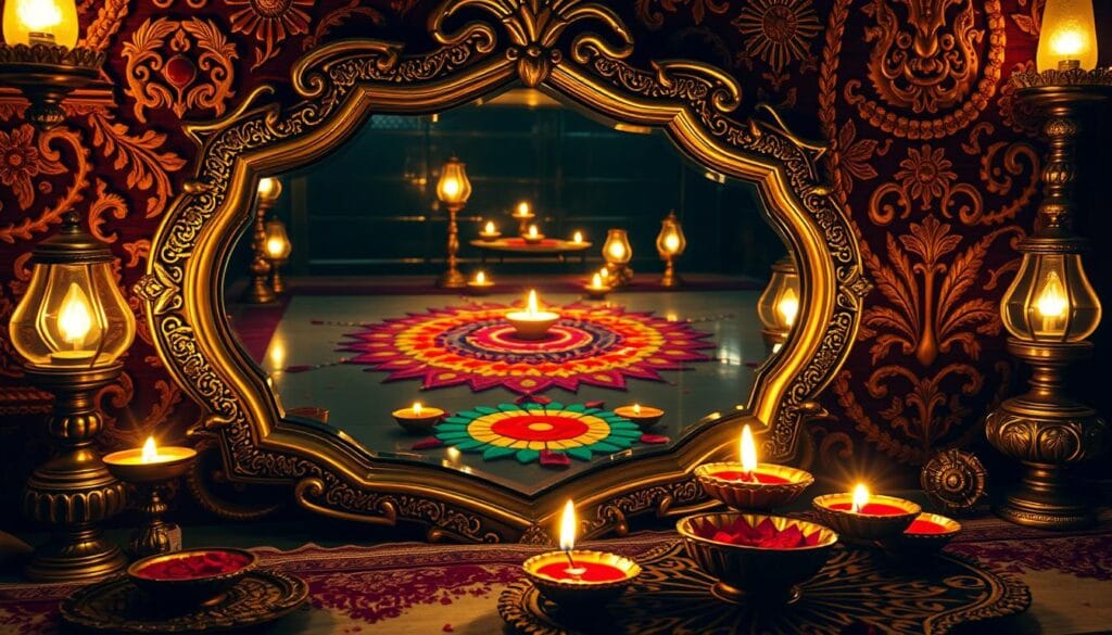 Diwali decorations with mirrors and reflective surfaces
