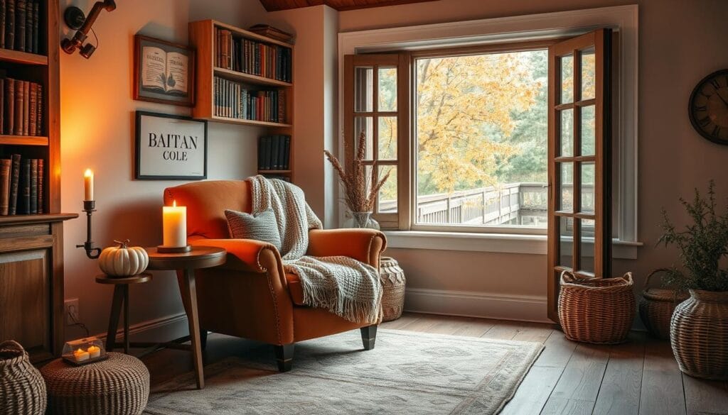 cozy reading nook with seasonal home accents