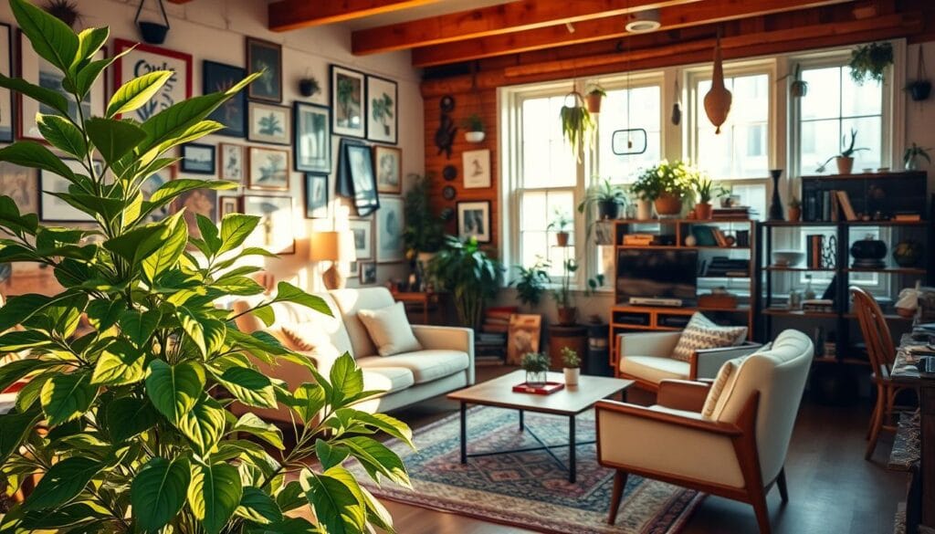 eclectic living space ideas with plants