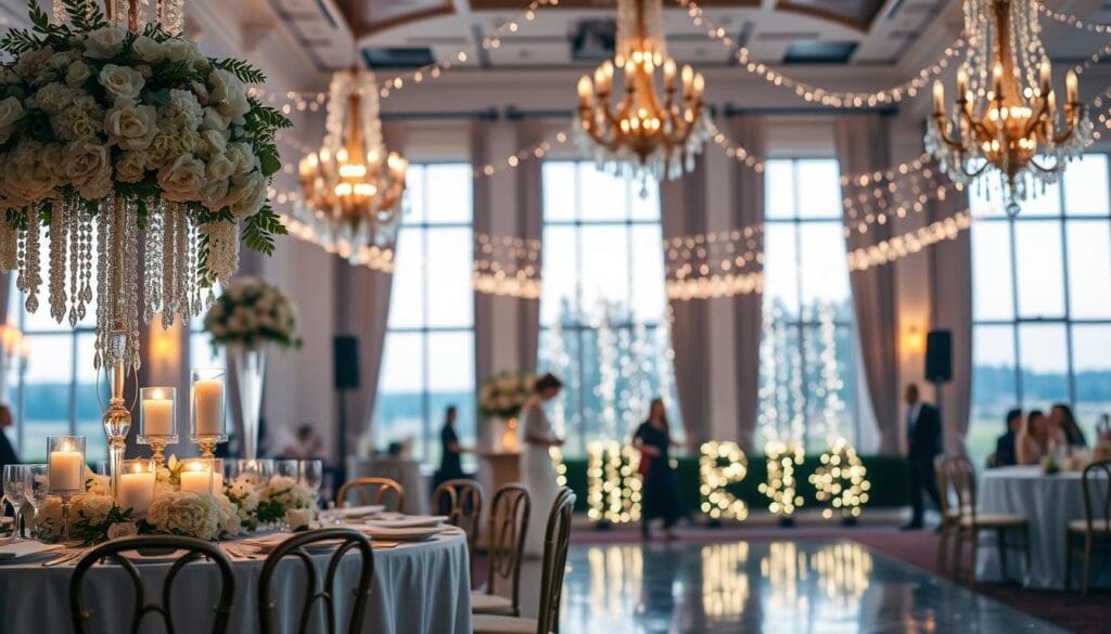 elegant wedding decor with fairy lights